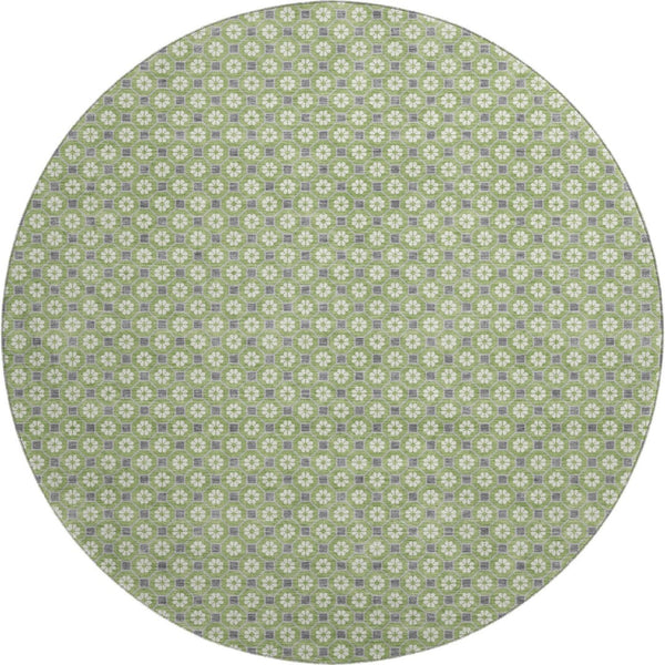 HomeRoots 8' X 8' Washable Round Rug - Modern Green, Gray & Ivory Geometric Design with UV Protection & Non-Slip Backing 693645