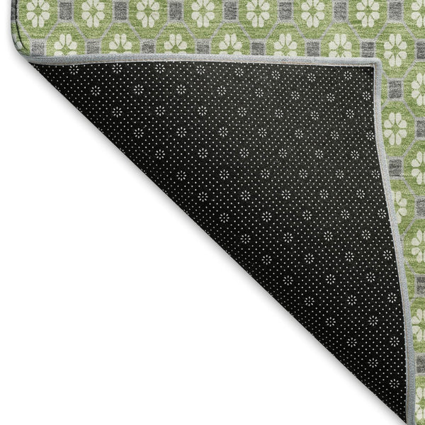 HomeRoots 8' X 8' Washable Round Rug - Modern Green, Gray & Ivory Geometric Design with UV Protection & Non-Slip Backing 693645