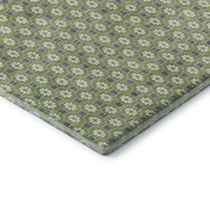 HomeRoots 8' X 8' Washable Round Rug - Modern Green, Gray & Ivory Geometric Design with UV Protection & Non-Slip Backing 693645