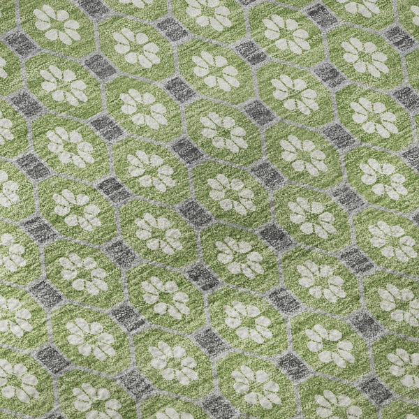 HomeRoots 8' X 8' Washable Round Rug - Modern Green, Gray & Ivory Geometric Design with UV Protection & Non-Slip Backing 693645