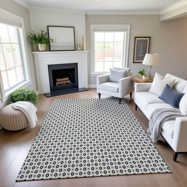 HomeRoots 5' X 8' Ivory Black and Gray Geometric Area Rug - Stain Resistant, UV Protected, Easy-Care Design! 693650
