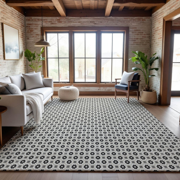 HomeRoots 5' X 8' Ivory Black and Gray Geometric Area Rug - Stain Resistant, UV Protected, Easy-Care Design! 693650