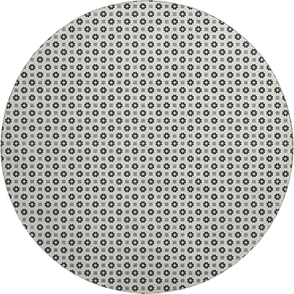 HomeRoots 8' Round Geometric Rug in Ivory, Black & Gray - Washable, Stain Resistant, UV Protected for Homes 693651