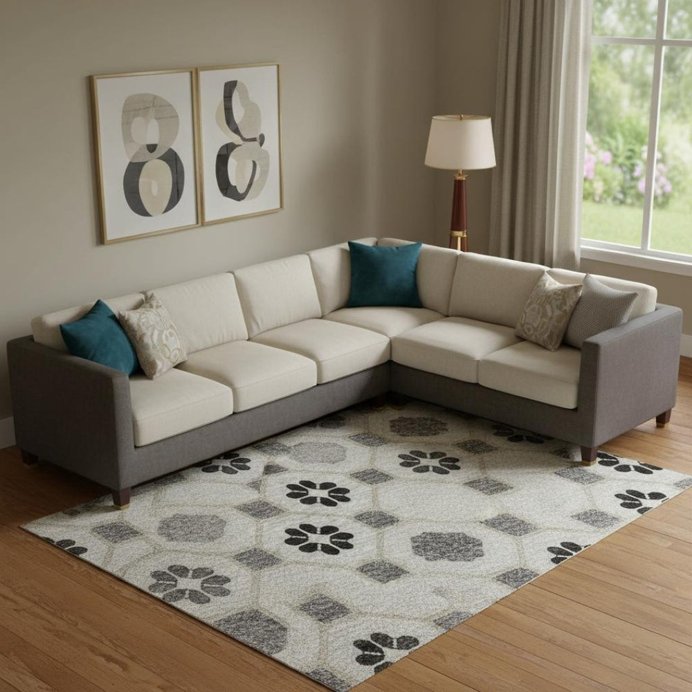 HomeRoots 9' X 12' Stylish Ivory, Black & Gray Geometric Washable Area Rug with UV Protection for Busy Homes 693653