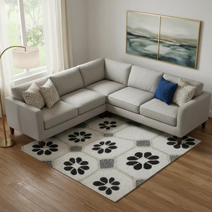 HomeRoots 10' X 14' Ivory, Black & Gray Geometric Area Rug - Washable, UV Protected, Stylish & Durable Design 693654