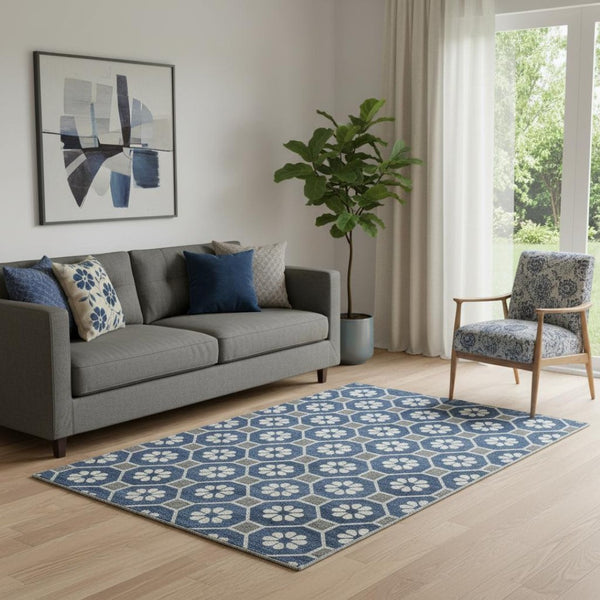 HomeRoots 5' X 8' Stylish Navy Blue, Gray & Silver Geometric Area Rug - Washable, UV-Protected, Non-Slip Design 693656