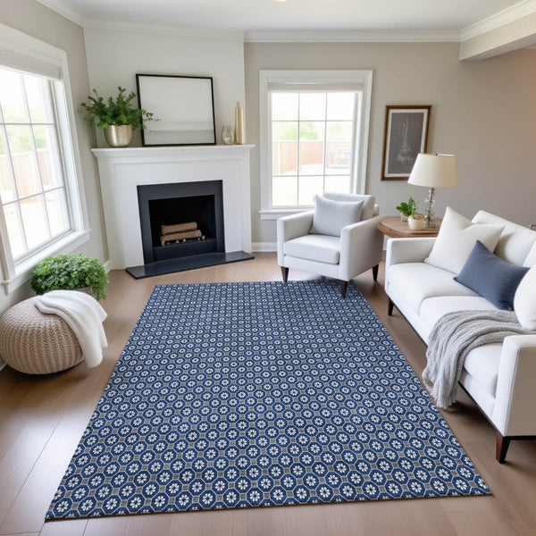 HomeRoots 5' X 8' Stylish Navy Blue, Gray & Silver Geometric Area Rug - Washable, UV-Protected, Non-Slip Design 693656