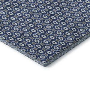 HomeRoots 5' X 8' Stylish Navy Blue, Gray & Silver Geometric Area Rug - Washable, UV-Protected, Non-Slip Design 693656