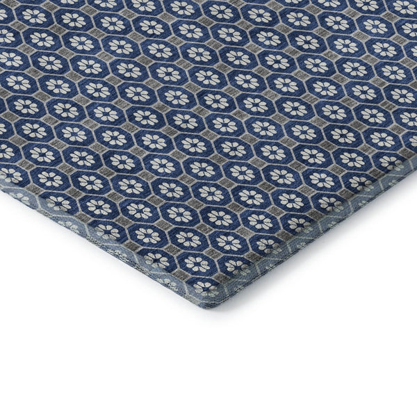 HomeRoots 5' X 8' Stylish Navy Blue, Gray & Silver Geometric Area Rug - Washable, UV-Protected, Non-Slip Design 693656