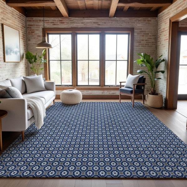 HomeRoots 5' X 8' Stylish Navy Blue, Gray & Silver Geometric Area Rug - Washable, UV-Protected, Non-Slip Design 693656