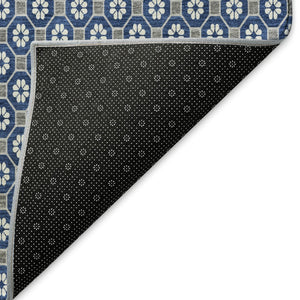 HomeRoots 5' X 8' Stylish Navy Blue, Gray & Silver Geometric Area Rug - Washable, UV-Protected, Non-Slip Design 693656
