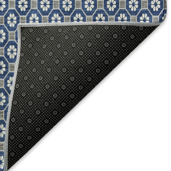 HomeRoots 5' X 8' Stylish Navy Blue, Gray & Silver Geometric Area Rug - Washable, UV-Protected, Non-Slip Design 693656
