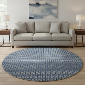 HomeRoots 8' Round Navy Blue, Gray & Silver Geometric Washable Rug with UV Protection - Durable, Stylish & Easy-Care 693657