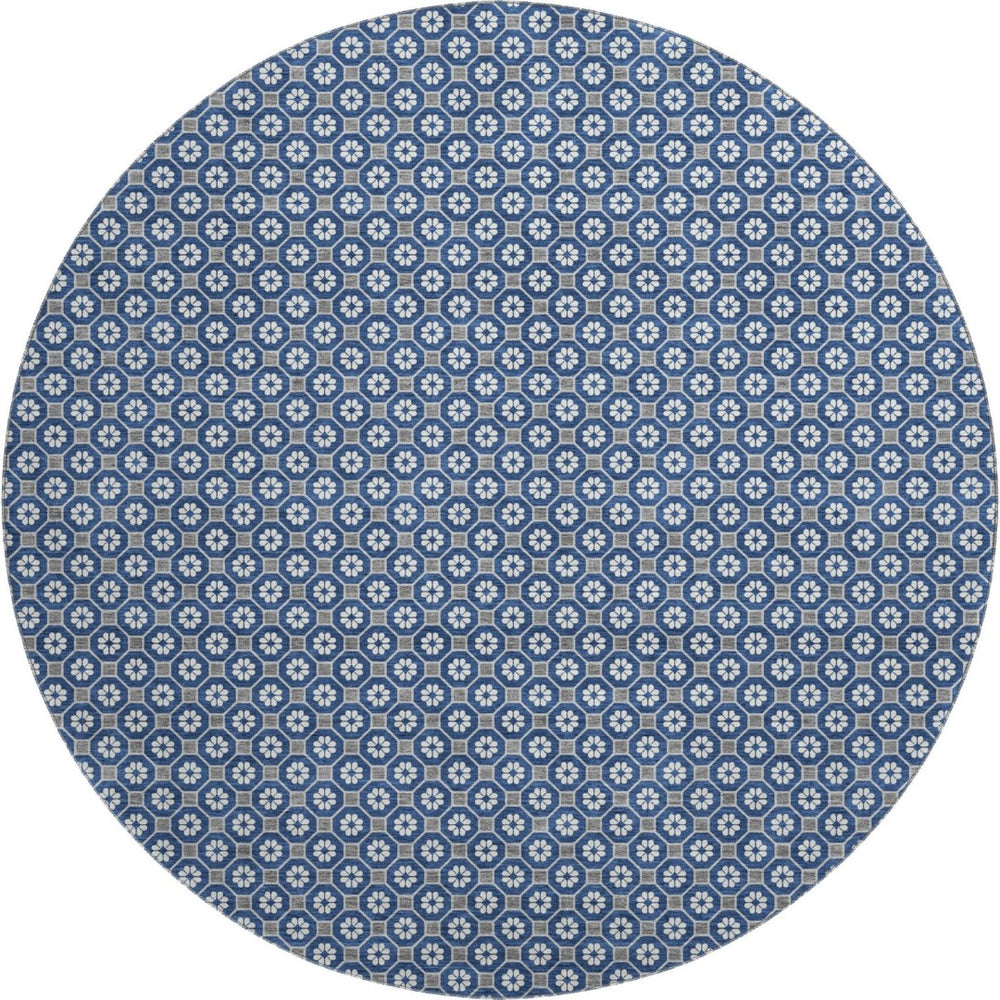HomeRoots 8' Round Navy Blue, Gray & Silver Geometric Washable Rug with UV Protection - Durable, Stylish & Easy-Care 693657