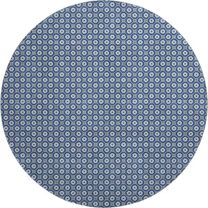 HomeRoots 8' Round Navy Blue, Gray & Silver Geometric Washable Rug with UV Protection - Durable, Stylish & Easy-Care 693657