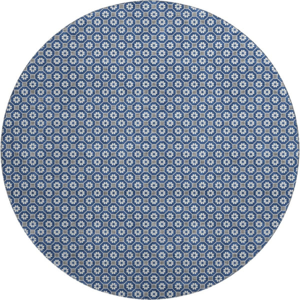HomeRoots 8' Round Navy Blue, Gray & Silver Geometric Washable Rug with UV Protection - Durable, Stylish & Easy-Care 693657