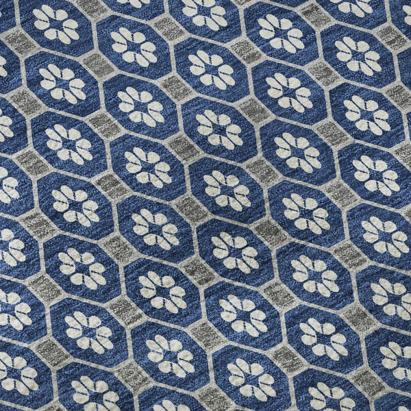 HomeRoots 8' Round Navy Blue, Gray & Silver Geometric Washable Rug with UV Protection - Durable, Stylish & Easy-Care 693657