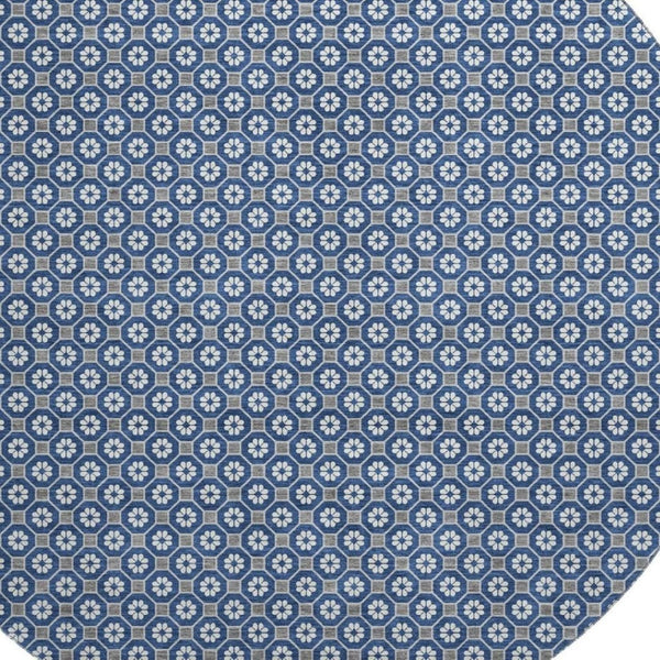 HomeRoots 8' Round Navy Blue, Gray & Silver Geometric Washable Rug with UV Protection - Durable, Stylish & Easy-Care 693657