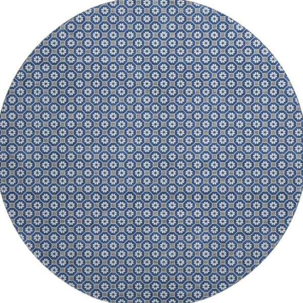 HomeRoots 8' Round Navy Blue, Gray & Silver Geometric Washable Rug with UV Protection - Durable, Stylish & Easy-Care 693657