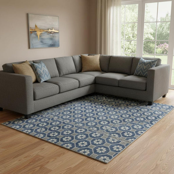 HomeRoots 8' Navy Blue, Gray & Silver Geometric Washable Area Rug - Durable, Stain-Resistant, UV-Protected Design 693658