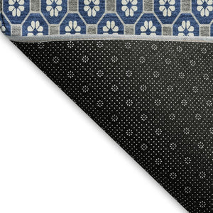 HomeRoots 8' Navy Blue, Gray & Silver Geometric Washable Area Rug - Durable, Stain-Resistant, UV-Protected Design 693658