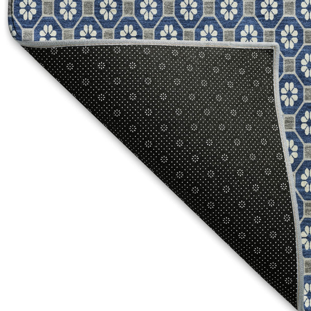 HomeRoots 9' X 12' Navy Blue, Gray, and Silver Geometric Area Rug - Washable, Stain-Resistant, UV Protected! 693659