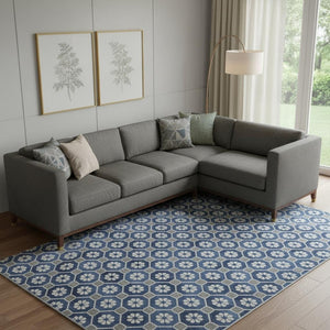 HomeRoots 10' Navy Blue, Gray & Silver Geometric Washable Area Rug – UV-Protected, Durable & Stylish Design 693660