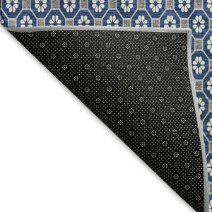 HomeRoots 10' Navy Blue, Gray & Silver Geometric Washable Area Rug – UV-Protected, Durable & Stylish Design 693660