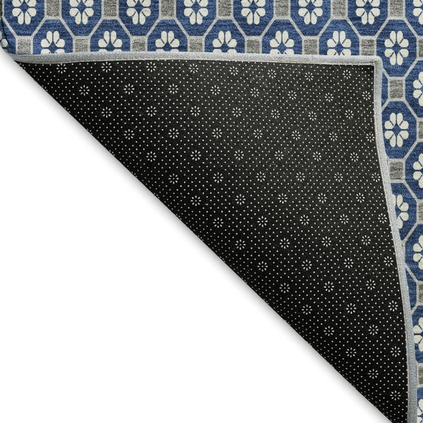 HomeRoots 10' Navy Blue, Gray & Silver Geometric Washable Area Rug – UV-Protected, Durable & Stylish Design 693660