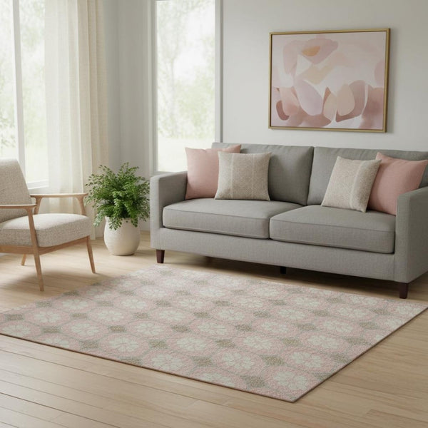 HomeRoots 5' X 8' Stylish Pink Ivory Gray Geometric Washable Area Rug with UV Protection for Busy Homes 693662