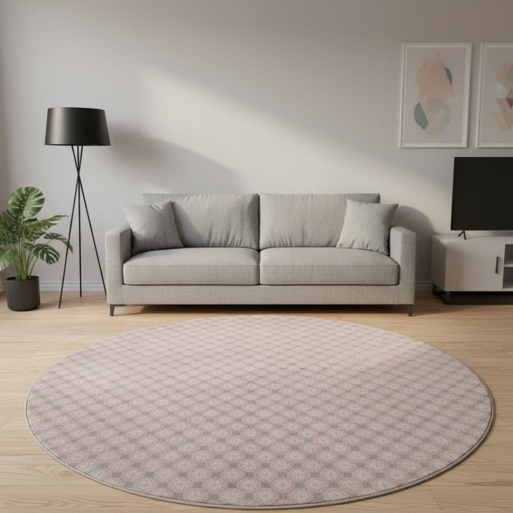 HomeRoots 8' X 8' Modern Pink Ivory Gray Geometric Washable Round Rug with UV Protection for Stylish Living 693663