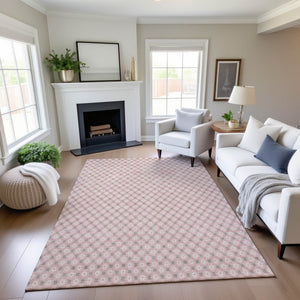 HomeRoots 9' X 12' Stylish Pink Ivory Gray Geometric Washable Area Rug with UV Protection for Modern Homes 693665