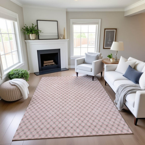 HomeRoots 9' X 12' Stylish Pink Ivory Gray Geometric Washable Area Rug with UV Protection for Modern Homes 693665