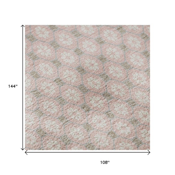 HomeRoots 9' X 12' Stylish Pink Ivory Gray Geometric Washable Area Rug with UV Protection for Modern Homes 693665