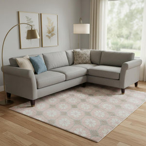 HomeRoots 10' X 14' Pink Ivory Gray Geometric Area Rug - Washable, UV Protected, Non-Slip & Stylish Design 693666