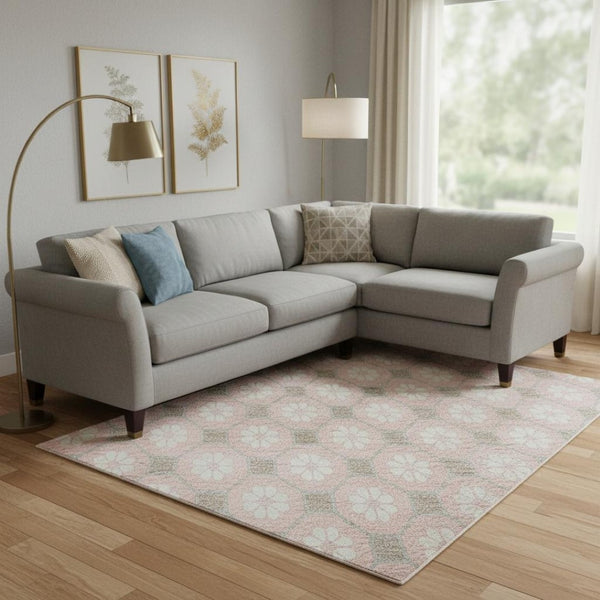 HomeRoots 10' X 14' Pink Ivory Gray Geometric Area Rug - Washable, UV Protected, Non-Slip & Stylish Design 693666