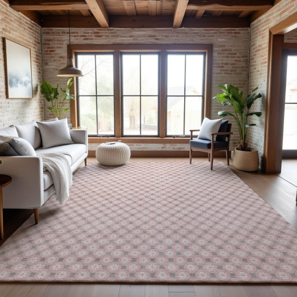 HomeRoots 10' X 14' Pink Ivory Gray Geometric Area Rug - Washable, UV Protected, Non-Slip & Stylish Design 693666