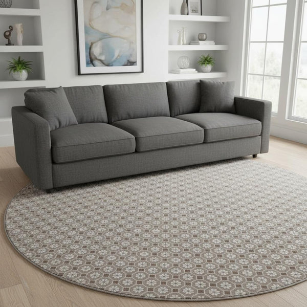 HomeRoots 8' X 8' Taupe Brown & Ivory Geometric Round Rug - Washable, UV-Protected, Durable for Indoor & Outdoor Use 693669