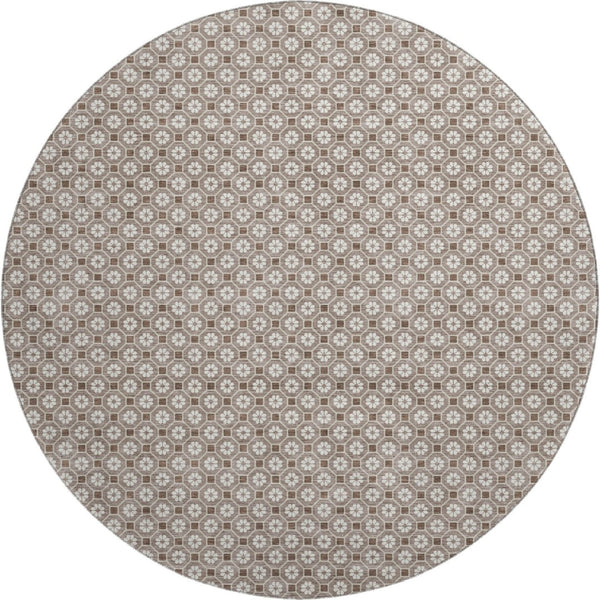 HomeRoots 8' X 8' Taupe Brown & Ivory Geometric Round Rug - Washable, UV-Protected, Durable for Indoor & Outdoor Use 693669