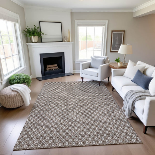 HomeRoots 10' Taupe Brown & Ivory Geometric Washable Area Rug with UV Protection for Modern Spaces & Easy Care 693672