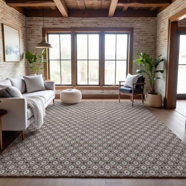 HomeRoots 10' Taupe Brown & Ivory Geometric Washable Area Rug with UV Protection for Modern Spaces & Easy Care 693672