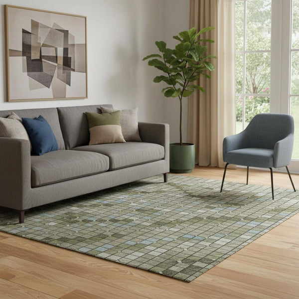 HomeRoots 5' X 8' Stylish Artichoke Green & Ivory Geometric Washable Area Rug with UV Protection & Durability 693674