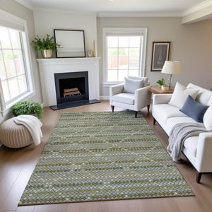 HomeRoots 5' X 8' Stylish Artichoke Green & Ivory Geometric Washable Area Rug with UV Protection & Durability 693674