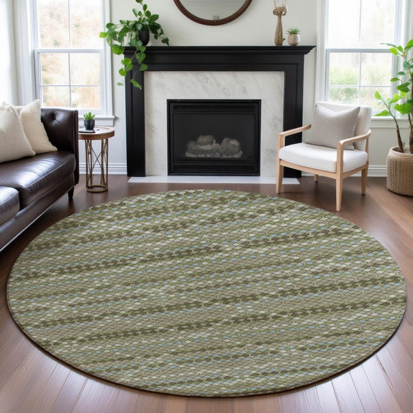 HomeRoots 8' Artichoke Green & Ivory Geometric Washable Round Rug - Durable, UV Protected, Stylish & Easy-Care 693675