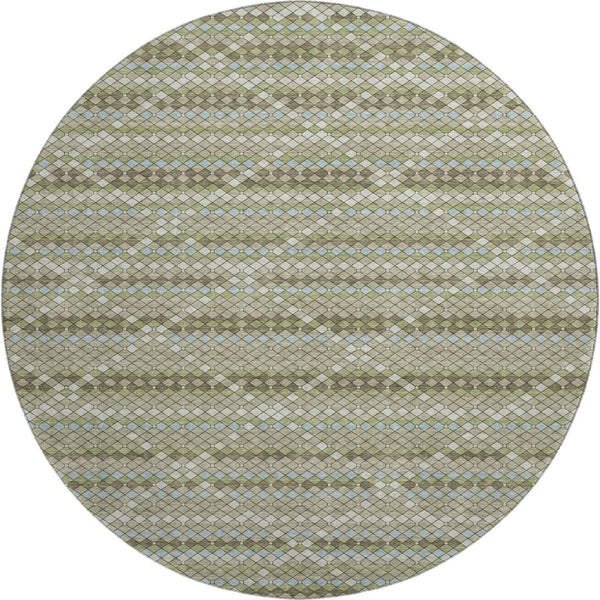 HomeRoots 8' Artichoke Green & Ivory Geometric Washable Round Rug - Durable, UV Protected, Stylish & Easy-Care 693675