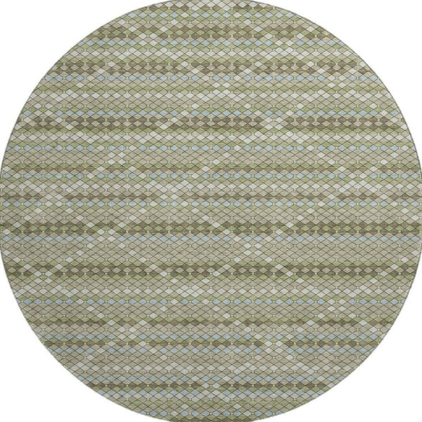 HomeRoots 8' Artichoke Green & Ivory Geometric Washable Round Rug - Durable, UV Protected, Stylish & Easy-Care 693675