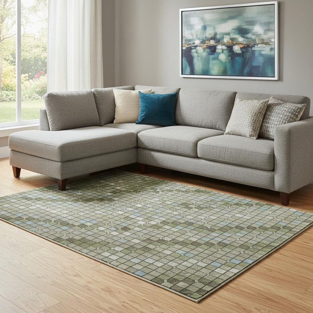 HomeRoots 8' Artichoke Green & Ivory Geometric Area Rug - Washable, UV-Protected, Stain-Resistant Comfort! 693676
