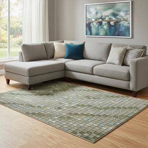 HomeRoots 8' Artichoke Green & Ivory Geometric Area Rug - Washable, UV-Protected, Stain-Resistant Comfort! 693676