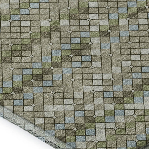 HomeRoots 8' Artichoke Green & Ivory Geometric Area Rug - Washable, UV-Protected, Stain-Resistant Comfort! 693676