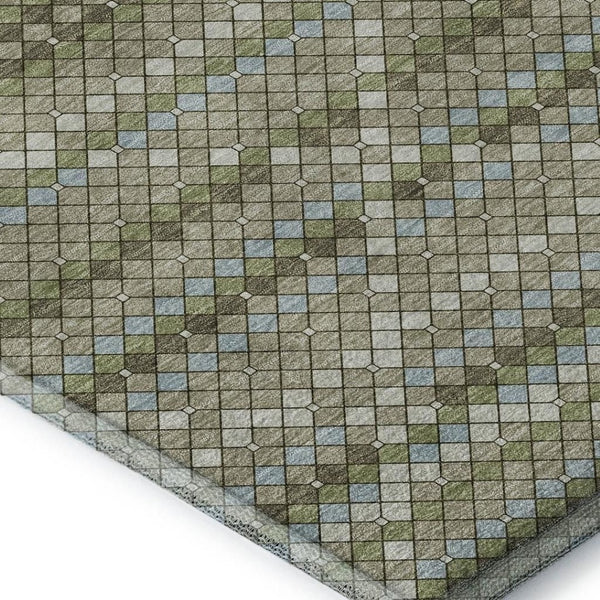 HomeRoots 8' Artichoke Green & Ivory Geometric Area Rug - Washable, UV-Protected, Stain-Resistant Comfort! 693676